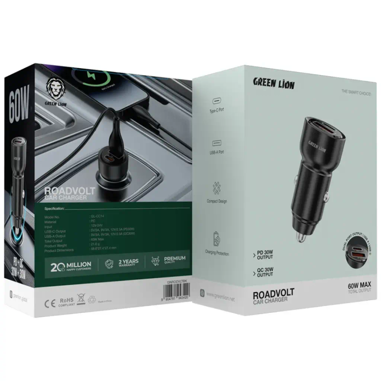 شارژر فندکی 60 وات دو پورت گرین لاین مدل ROADVOLT Charger 60w
