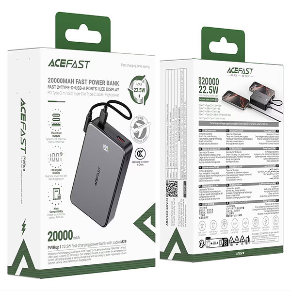 پاوربانک 22.5 وات ایس فست مدل M29 ظرفیت 20000 میلیآمپرساعت به همراه کابل USB-C