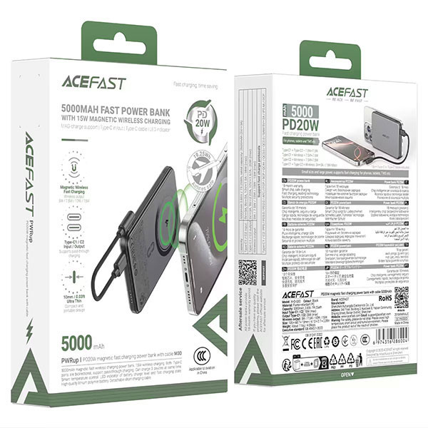 پاوربانک بی سیم 20 وات ایس فست مدل M30 ظرفیت 5000 میلیآمپرساعت به همراه کابل USB-C