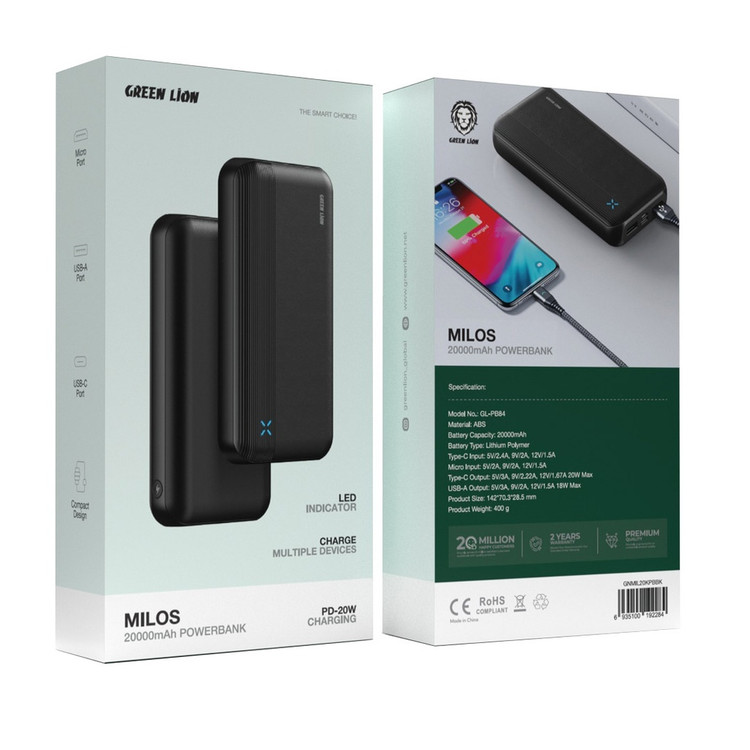 پاوربانک فست شارژ گرین لاین مدل Milos GNMIL20KPBBK ظرفیت 20000 میلی آمپر ساعت